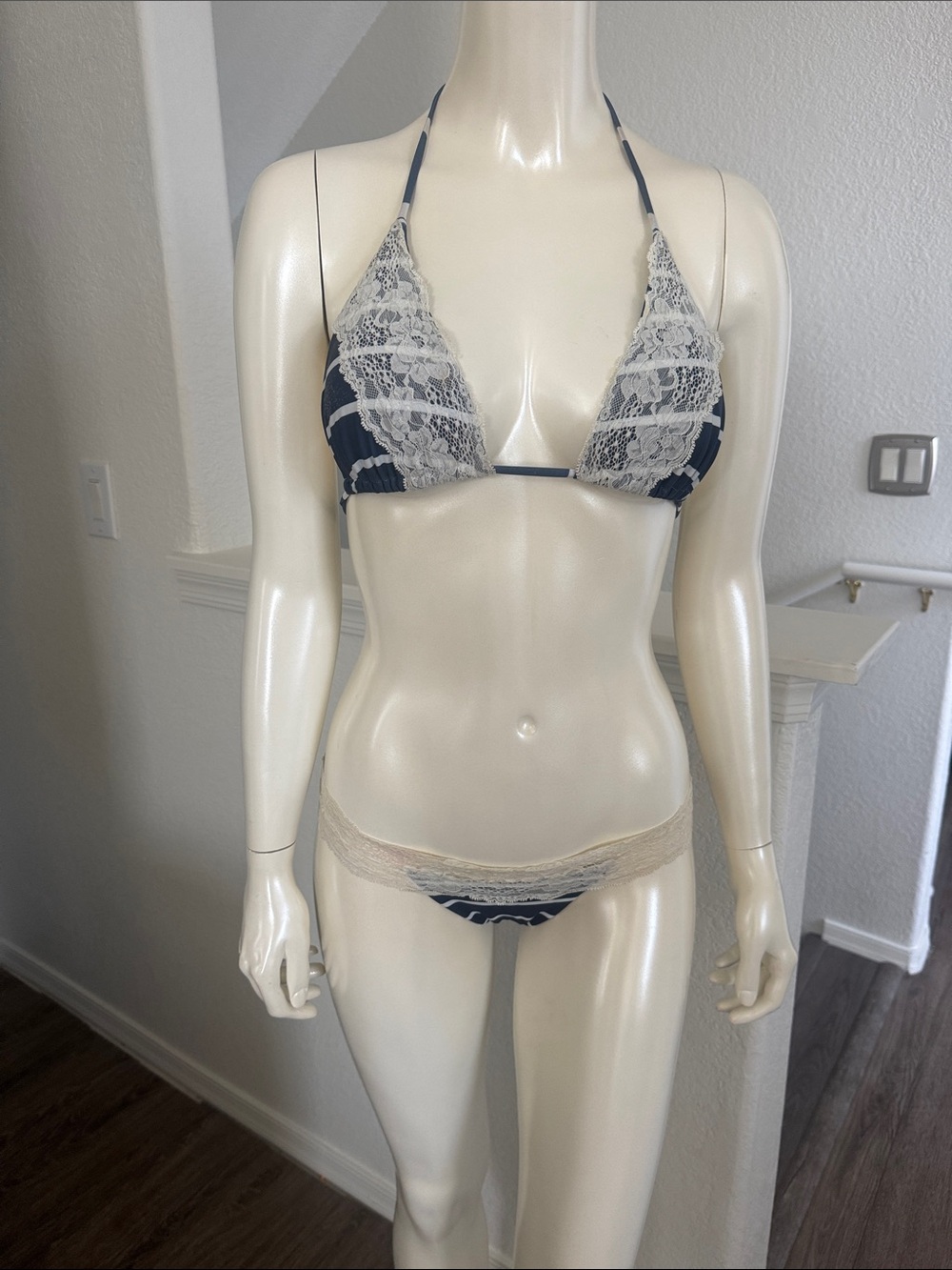 Beach Bunny Navy Blue and Cream Lace Bikini